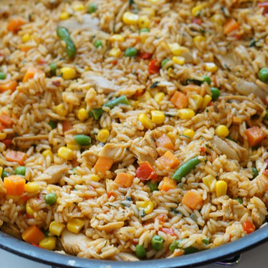 Close up of a platter of costa rican chicken fried rice.