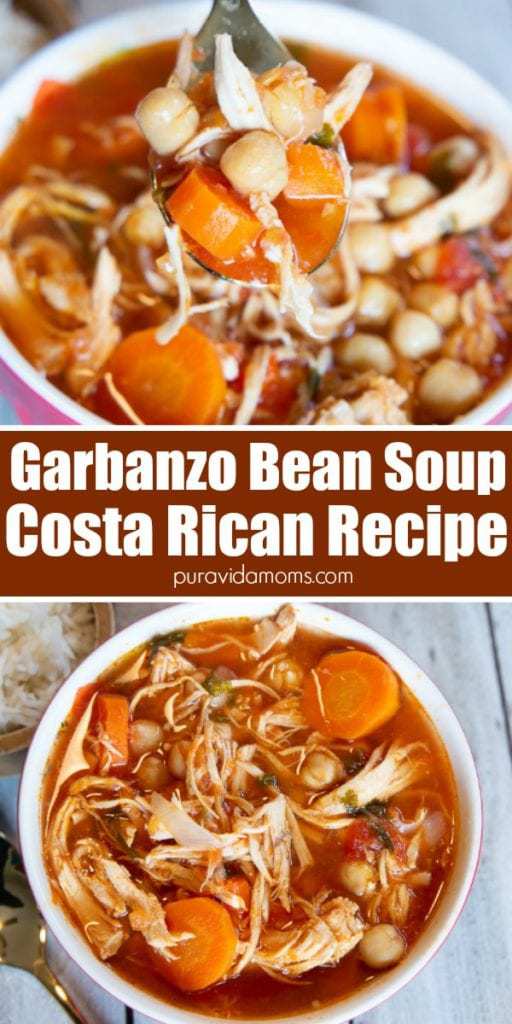 A white ceramic bowl full of garbanzo bean soup.