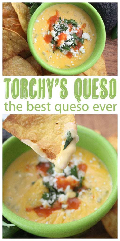 dipping a tortilla into the dip with another image of the dip and a serving bowl on top.