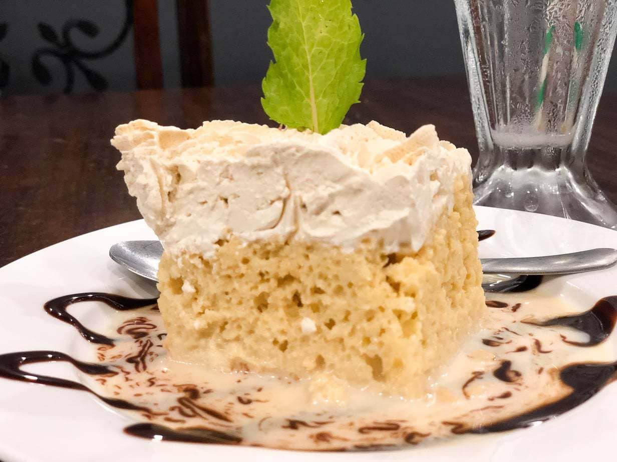 Milk cake garnished with mint.