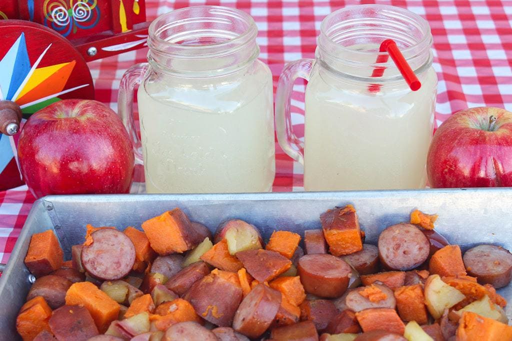Sweet potato hash on a red-checkered table cloth.