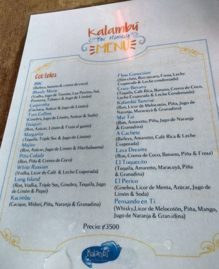 Hot Springs Cocktail Menu Costa Rica
