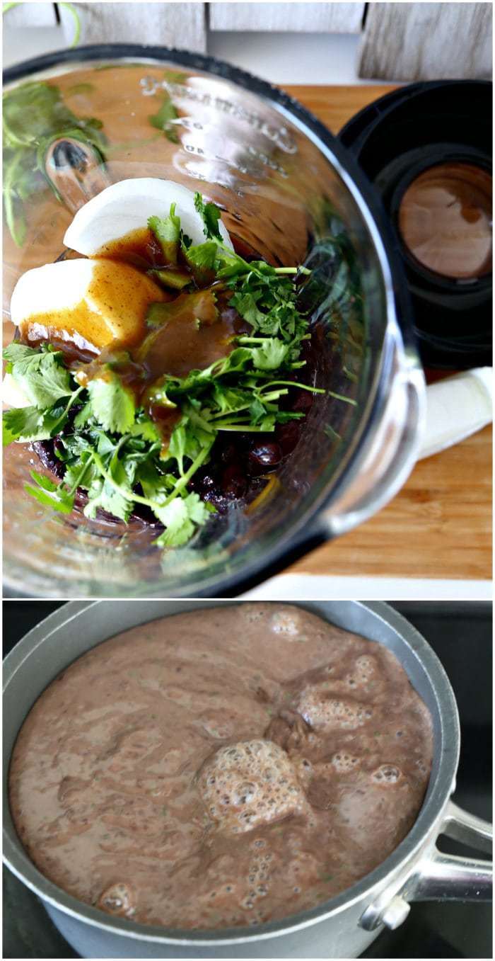 ingredients in blender and black bean dip on stovetop