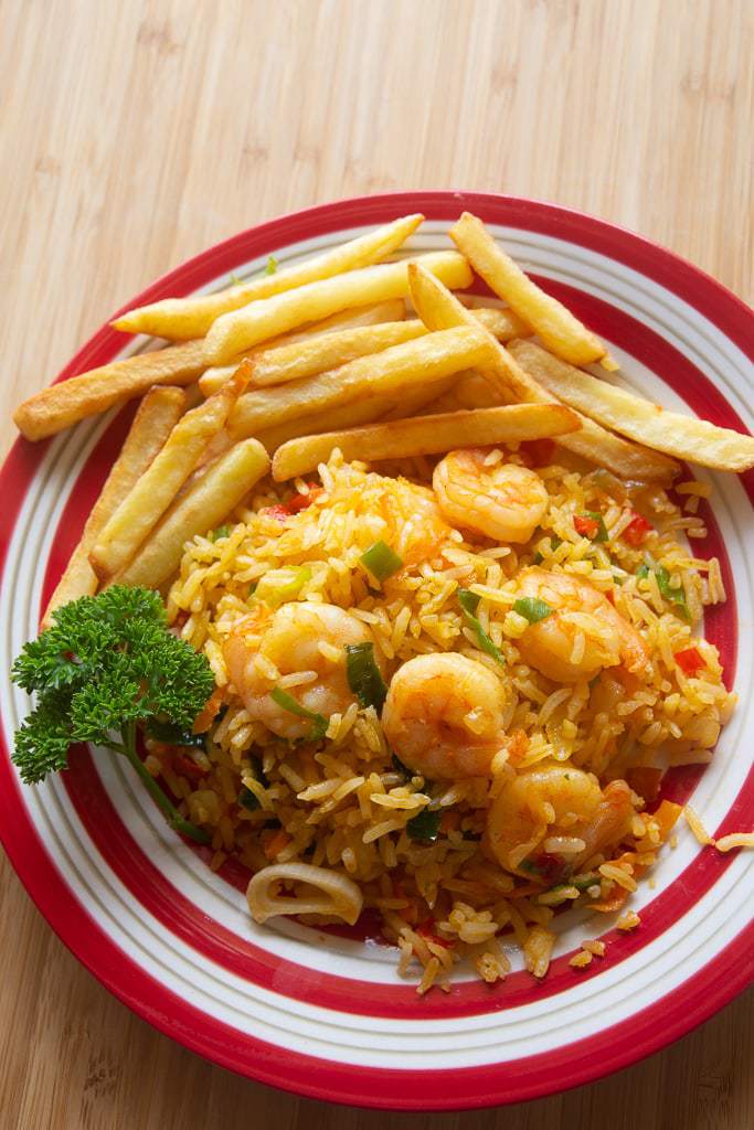 rice, shrimp and fried potatoes