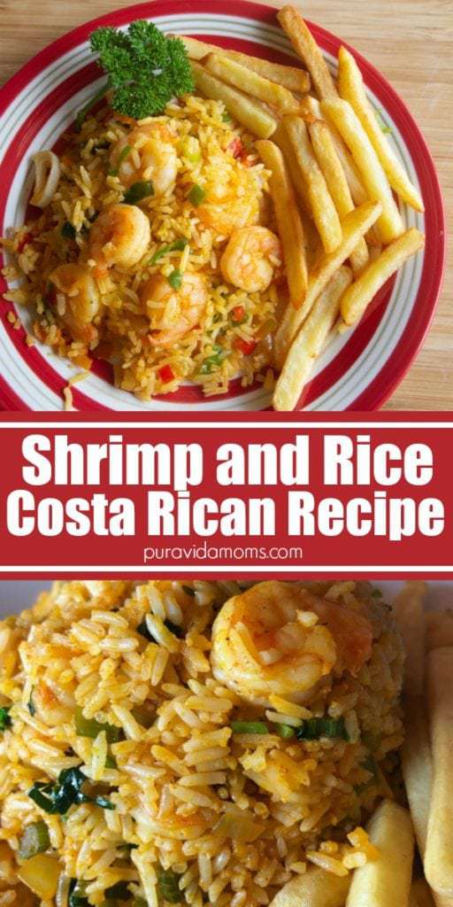 Shrimp and rice in a red and white striped bowl.