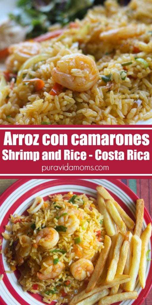 Shrimp and rice and a serving bowl with fries on the side.