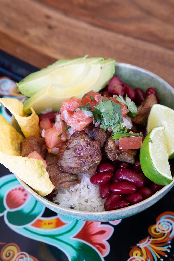 costa rican chfrijo with white rice and black beans