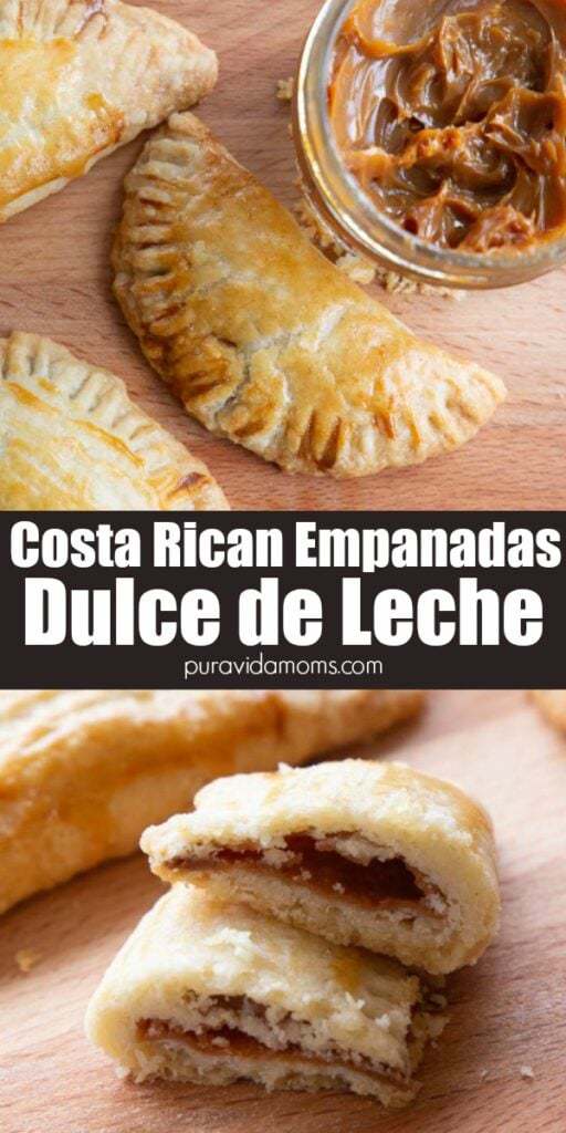 The empanada cut in a half on a wooden board.
