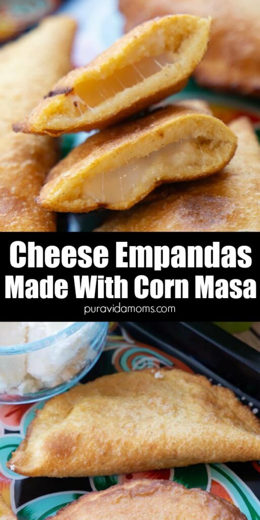 A close up of one of the empanadas which is cut in half revealing the inside.