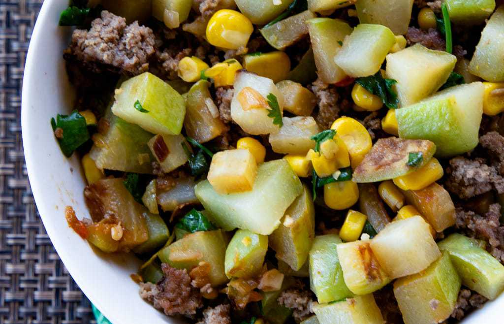 close up of chayote picadillo