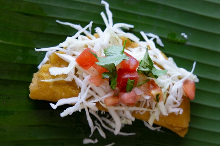 Fried empanada topped with cheese, salsa, and cilantro on a large leaf.