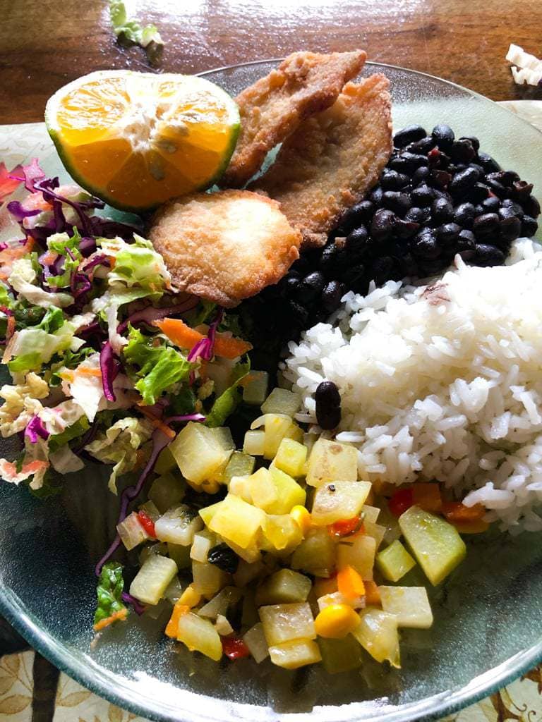 Costa Rican casado dish consisting of rice, picadillo, salad, beans, and a fried protien.