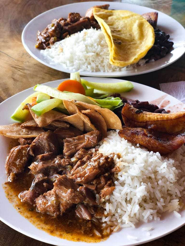Two plates of Costa Rican casado.