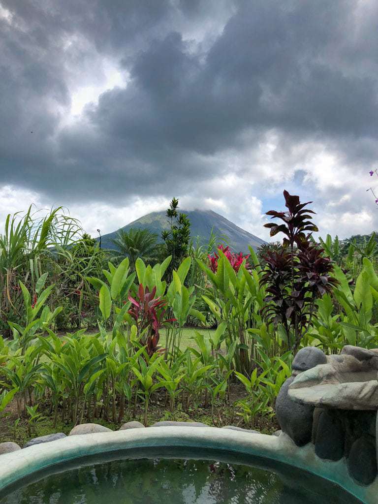 view of volcano from costa rican hot springs.