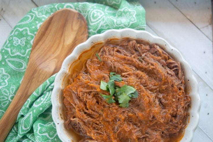 full overhead view of carne salsa garnished with cilantro next to wooden spoon and light green cloth