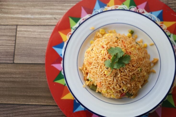 costa rica arroz con pollo chicken and rice on a plate with a wood background