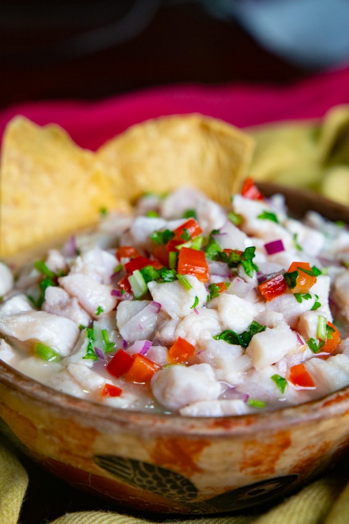 A couple of tortilla chips in the bowl of fish ceviche.